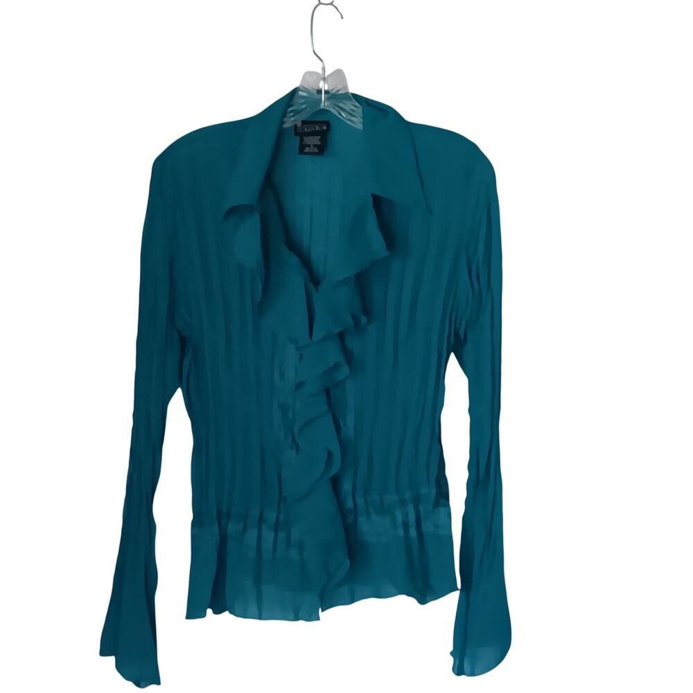 VTG Y2K NY Collection Sz S Teal Sheer Crinkle Fabric Ruffle & Lace Front Collar